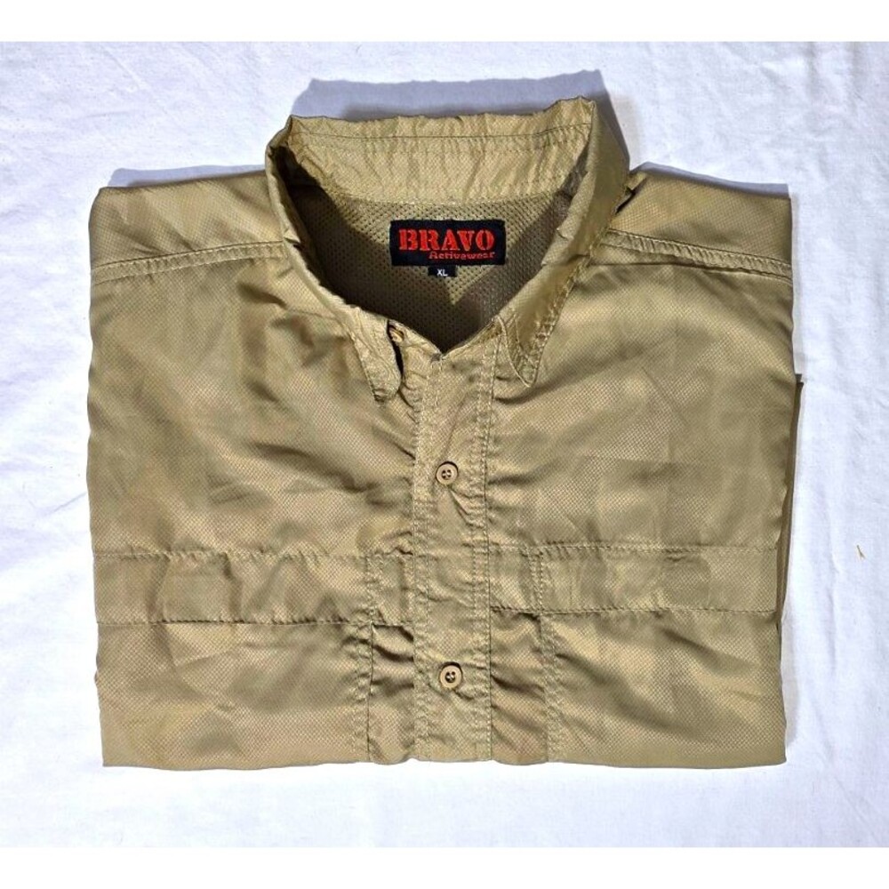 Mens Activewear XL BRAVO Beige Solid Short Sleeve Button Front Pocket Shirt